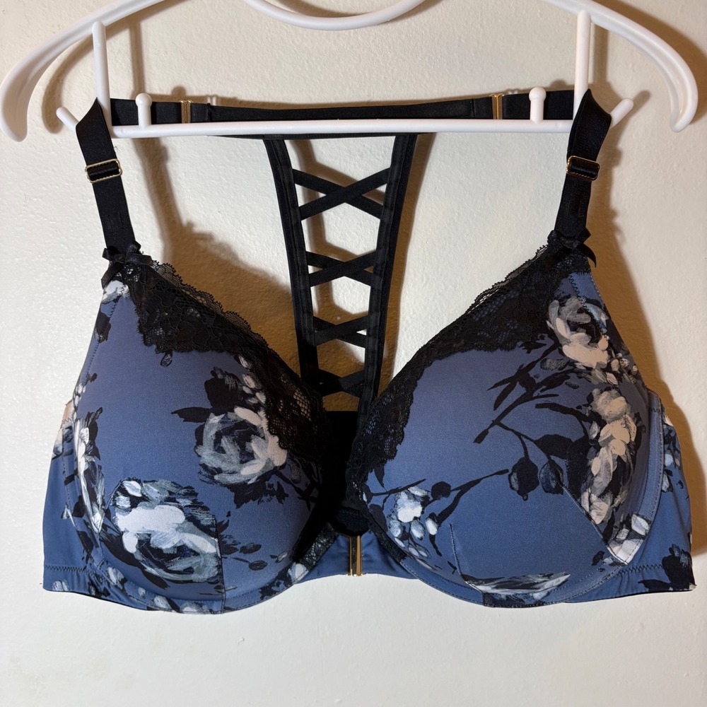 Cacique Boost Plunge Bra‎ Black Lace Floral Blue Front Closure Size 46C